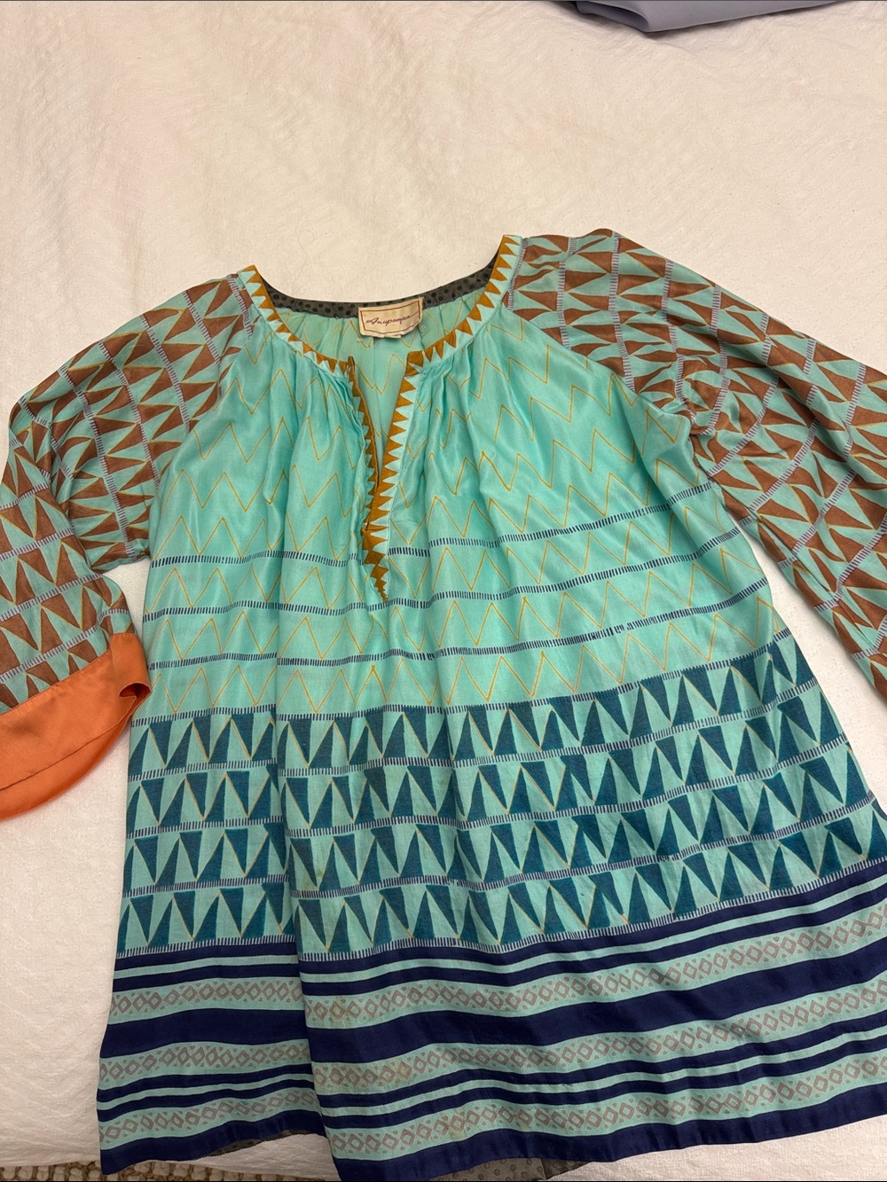 Anthropologie Aqua Teal Geometric Peasant Blouse with Orange Accents